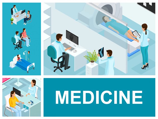 Composición de tratamiento médico isométrico con personas que visitan a pacientes médicos en la habitación del hospital y resonancia magnética