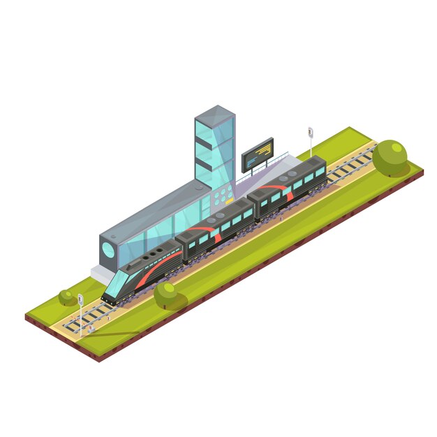 Composición de trenes de trenes de pasajeros isométricos e imágenes de trenes ligeros con estación terminal de ferrocarril edificio ilustración vectorial