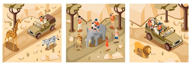 Vector gratuito composición turística de safari con símbolos de animales salvajes ilustración vectorial aislada isométrica