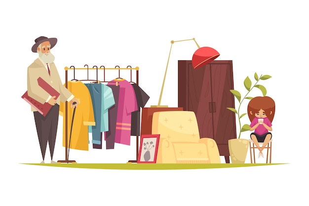 Composición de venta de garaje con personajes de garabatos de niño anciano y riel con ilustración de vector de ropa y muebles