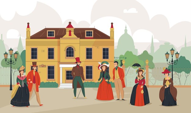 Composición victoriana de la ciudad vieja del siglo xviii con paisaje al aire libre paisaje urbano histórico y personajes de personas