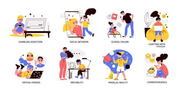 Las composiciones de adicción a los gadgets de los niños demostraron que los niños juegan chateando con extraños que se comunican con amigos virtuales aislados ilustración