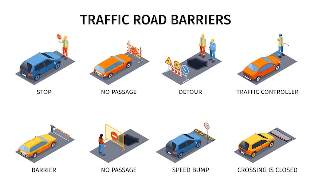 Vector gratuito composiciones de barreras viales de tráfico con símbolos de parada ilustración vectorial aislada isométrica