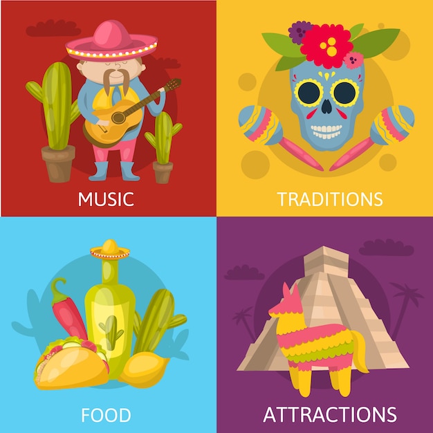 Composiciones de color mexicano conjunto de cuatro iconos cuadrados con tradiciones musicales, comidas y atracciones descripciones ilustración vectorial