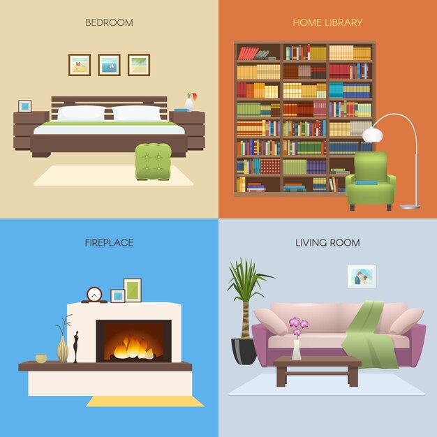 Composiciones de colores interiores con chimenea de biblioteca de dormitorio y hogar y cómoda sala de estar aislado ilustración vectorial