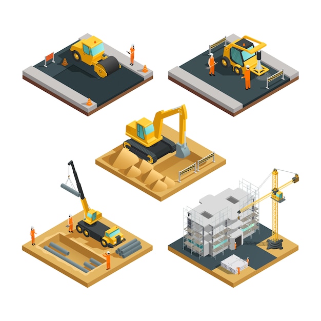 Composiciones de construcción de carreteras y edificios isométricos con equipos de transporte y aislamiento de trabajadores.
