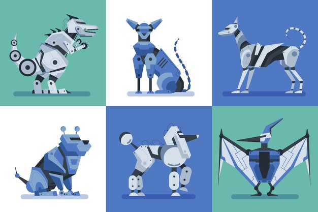 Composiciones cuadradas de animales de juguete robot con imágenes de droides de alta tecnología en forma de mascota y pájaro ilustración vectorial