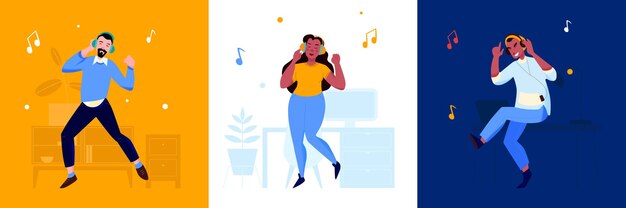 Composiciones cuadradas con divertidas personas bailando en estilo plano.