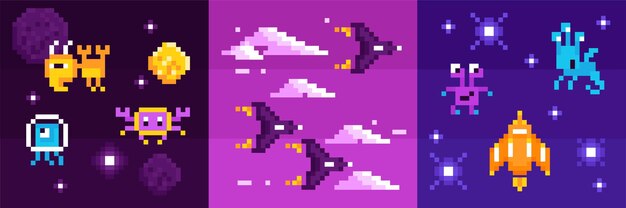 Composiciones cuadradas de juegos de computadora de arcade de monstruos espaciales extraterrestres y naves espaciales de combate