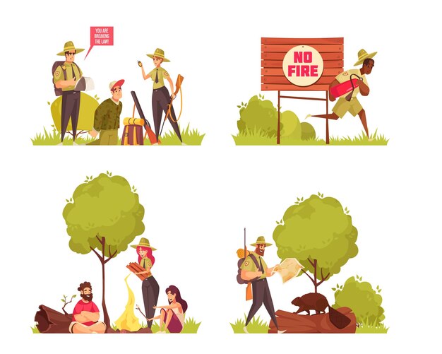 Composiciones de dibujos animados 2x2 con guardabosques atrapando cazadores que luchan contra el fuego ilustración vectorial aislada