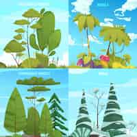 Vector gratuito composiciones de dibujos animados de tipos de ecosistemas con diferentes sistemas forestales ilustraciones vectoriales aisladas