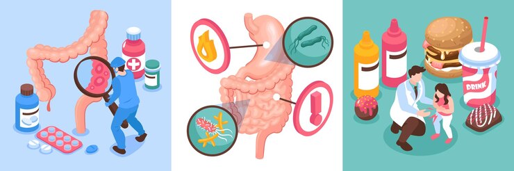 Vector gratuito composiciones de diseño de gastroenterología isométrica con consecuencias nutricionales de comida rápida helicobacter y tratamiento.