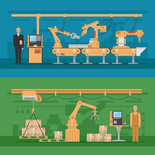 Vector gratuito composiciones de ensamblaje automatizadas con proceso de producción y almacén robótico.