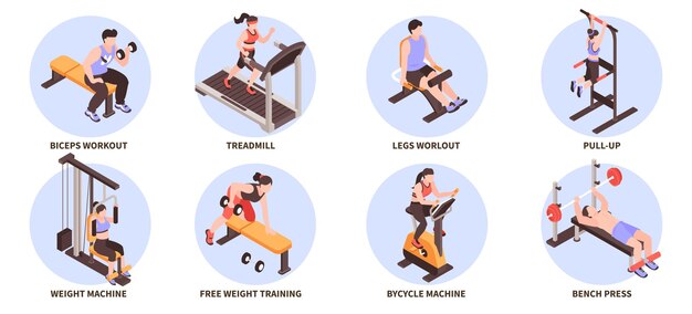 Composiciones de fitness de gimnasio isométricas con personas que hacen entrenamiento con pesas libres ilustración vectorial aislada