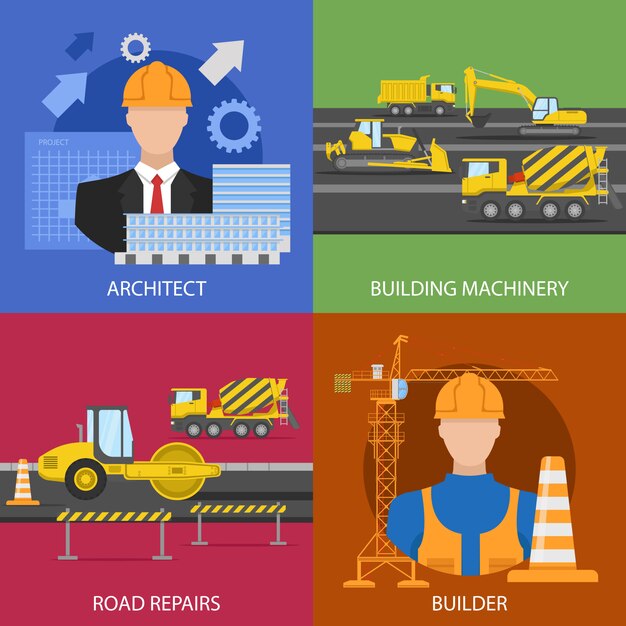 Composiciones de la industria de la construcción con proyecto arquitectónico maquinaria de construcción reparación de carreteras trabajador aislado