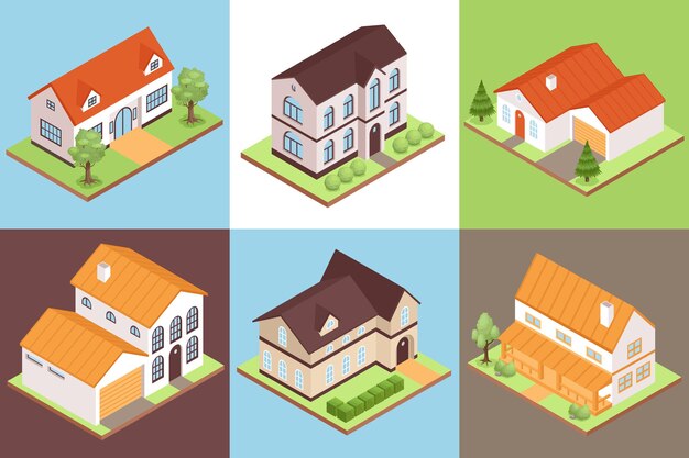 Composiciones isométricas de casas privadas con edificios de diferentes tamaños, precios y estilos