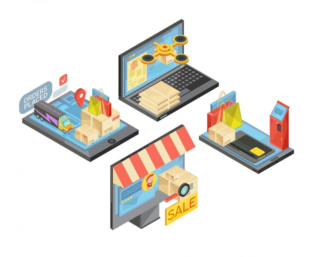 Las composiciones isométricas de compras en línea con paquetes y bolsas, pago, entrega, servicio de asistencia, dispositivos móviles aislados ilustración vectorial