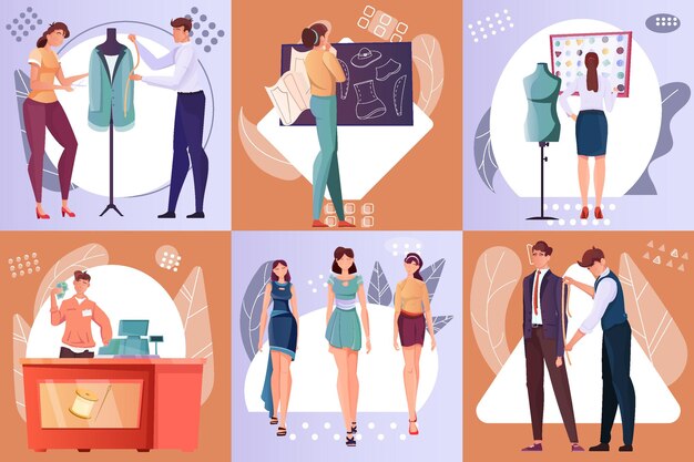 Composiciones con maestros profesionales del modelado, corte y costura de ropa de moda.