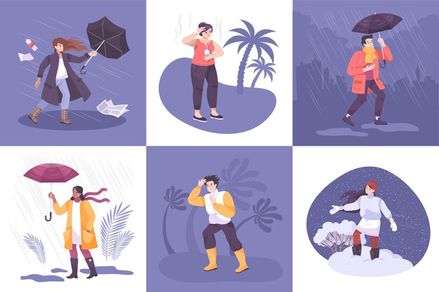 Composiciones meteorológicas con un conjunto de composiciones cuadradas con personas que se enfrentan a las condiciones climáticas y estacionales.