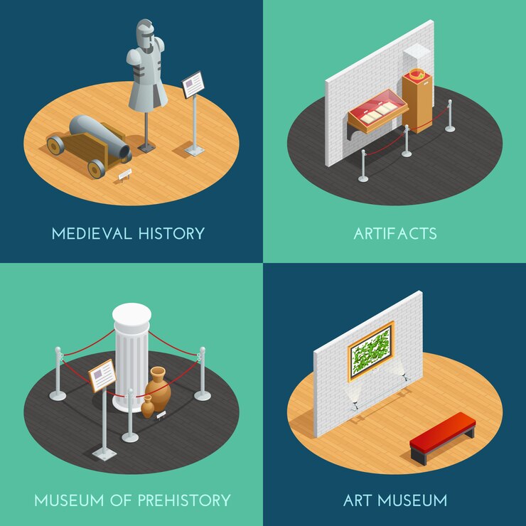 Vector gratuito composiciones del museo presentando diferentes exposiciones prehistoria historia medieval artefactos