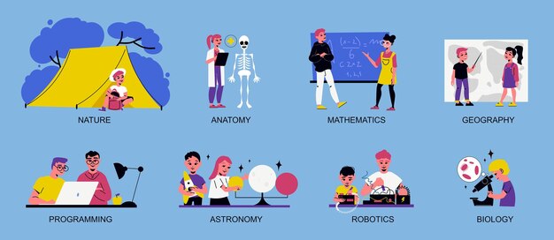 Composiciones de niños de campamento de tallo con símbolos de astronomía y biología ilustración vectorial aislada plana