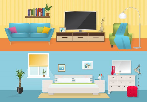 Composiciones planas interiores con muebles cómodos en el salón y el dormitorio en colores azul blanco aislado ilustración vectorial