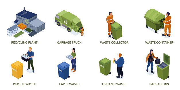 Composiciones de reciclaje isométricas con vistas aisladas de la construcción de plantas y personas que separan y recolectan ilustraciones de vectores de basura