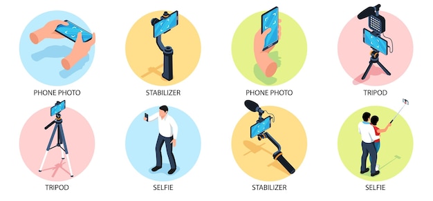 Composiciones redondas de fotografía con personas que usan trípode estabilizador de cámara de teléfono y selfie stick ilustración vectorial aislada