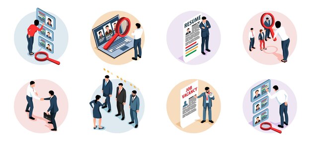 Composiciones redondas isométricas de vacantes de trabajo con gerentes de recursos humanos que participan en el reclutamiento y hacen la elección de los solicitantes ilustración vectorial aislada