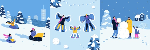 Vector gratuito composiciones de vacaciones de invierno ambientadas con gente divirtiéndose al aire libre haciendo ángeles muñecos de nieve bajando la colina ilustración vectorial plana aislada