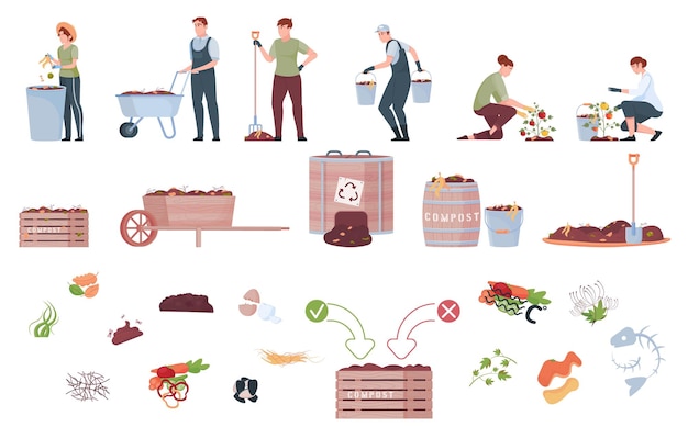 Compost con íconos planos aislados de alimentos, barriles, cajas de paletas y trabajadores con herramientas, ilustración vectorial