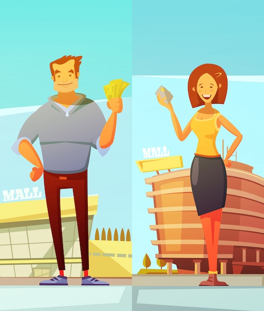Compradores de divertidos dibujos animados dos pancartas verticales con hombre y mujer de pie en el fondo del centro comercial y sosteniendo
