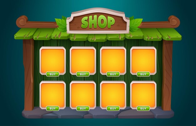Comprar diseño de interfaz de juego ilustración vectorial de dibujos animados marco de madera con tarjeta para artículo y botón con precio Plantilla de interfaz de usuario para tienda de rol Ventana de menú de madera para vender accesorios y artefactos