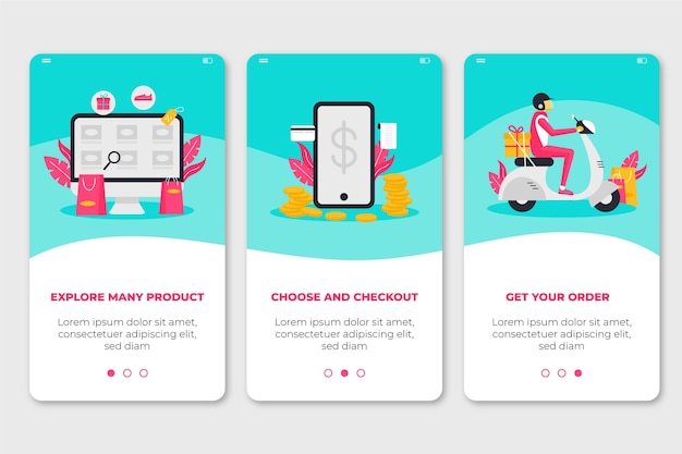 Vector gratuito comprar pantallas de aplicaciones de incorporación en línea