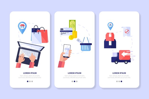 Vector gratuito comprar pantallas de aplicaciones de incorporación en línea