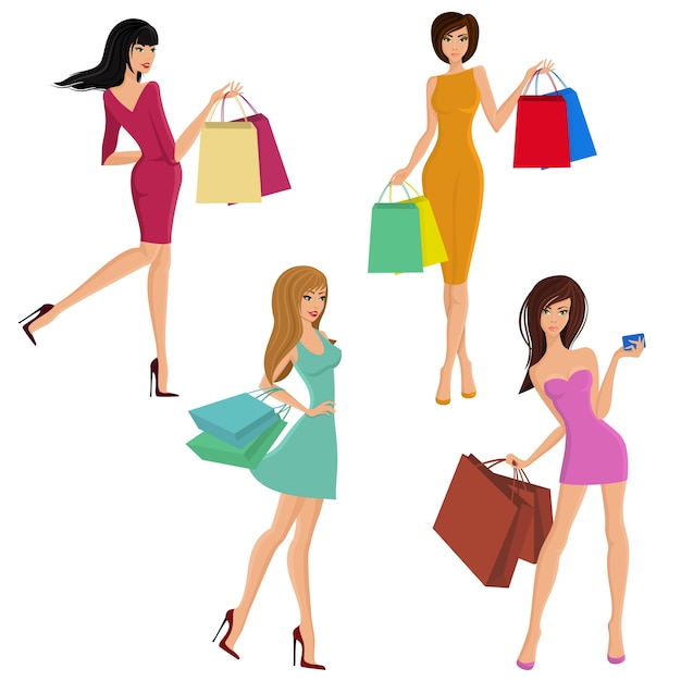 Compras chica joven sexy figuras femeninas con bolsas de moda aislados ilustración vectorial