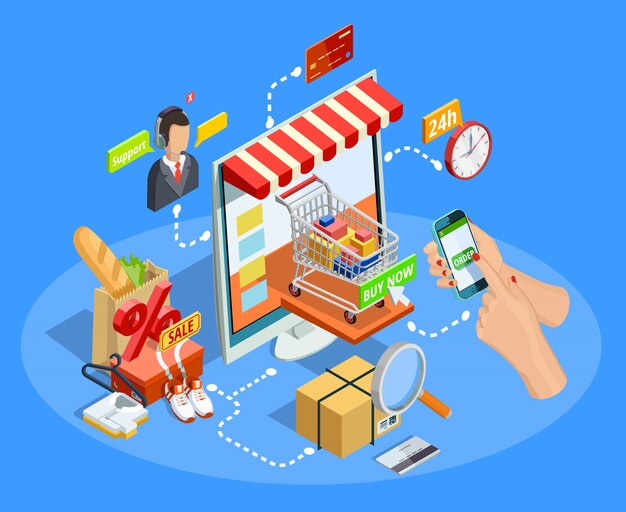 Compras concepto de comercio electrónico cartel isométrico