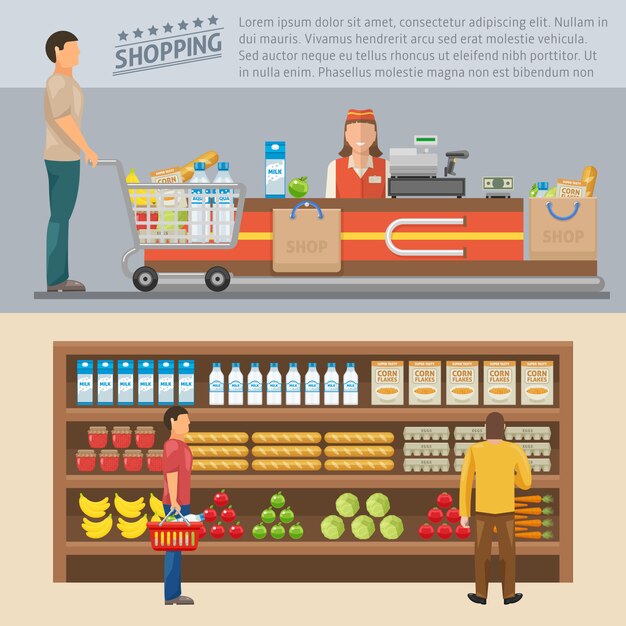 Compras conceptos coloreados con el hombre en la caja y los consumidores cerca de los estantes con productos aislados ilustración vectorial