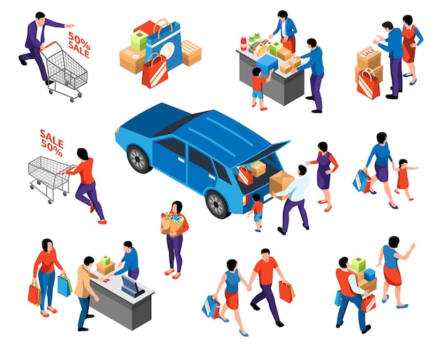 Compras conjunto isométrico de personajes adultos y niños que vienen a la tienda para la venta ilustración vectorial aislada