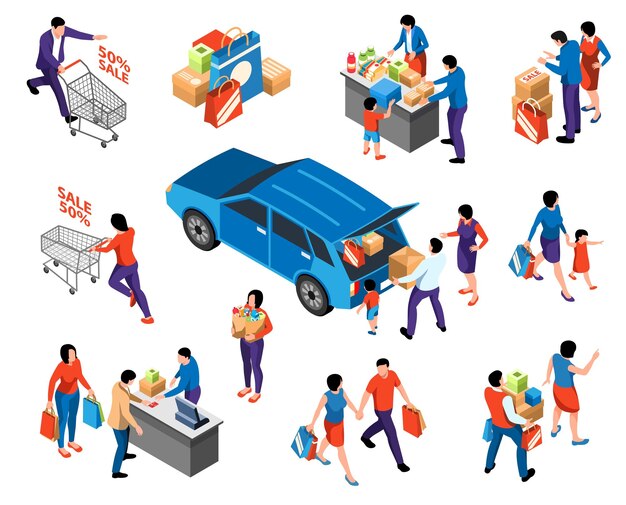 Compras conjunto isométrico de personajes adultos y niños que vienen a la tienda para la venta ilustración vectorial aislada