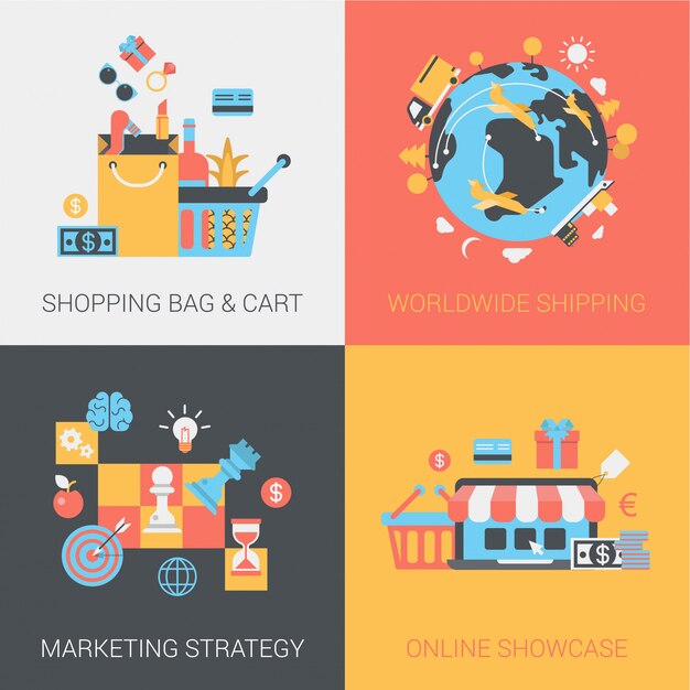 Compras, entrega, estrategia de marketing y conjunto de iconos de tienda en línea.