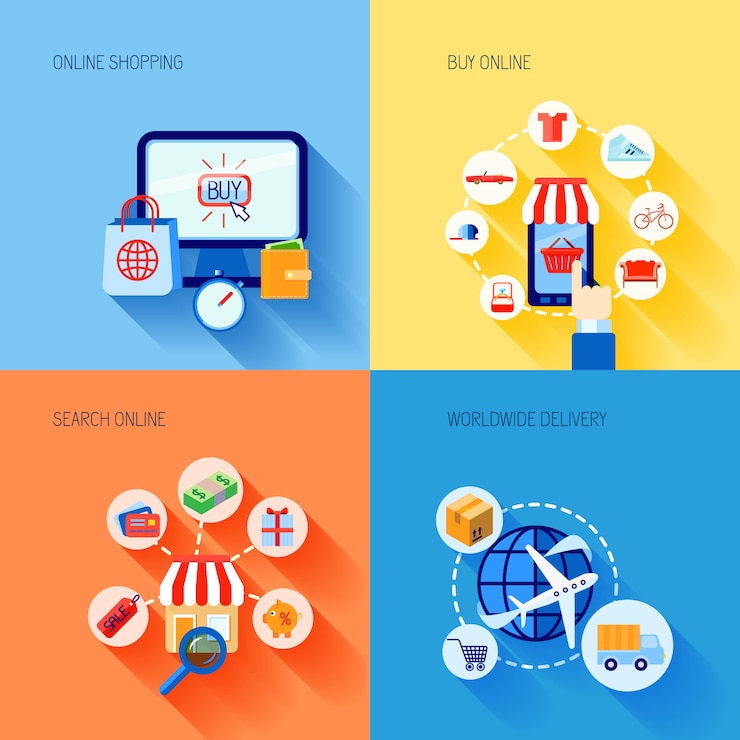 Vector gratuito las compras en línea que compran elementos de comercio electrónico conjunto de composición con la búsqueda de entrega en todo el mundo aislado ilustración vectorial