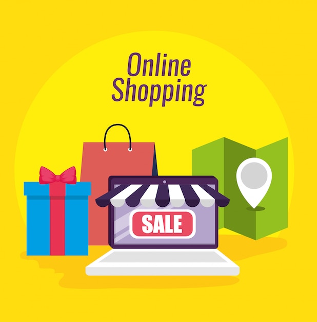 Vector gratuito compras en línea y tecnología de comercio electrónico portátil