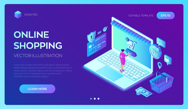 Las compras en línea. Tienda en línea isométrica 3D. Compras en línea en el sitio web o aplicación móvil. Concepto de ventas de comercio electrónico, marketing digital. Tarjeta bancaria, dinero y bolsa de compras. ilustración vectorial