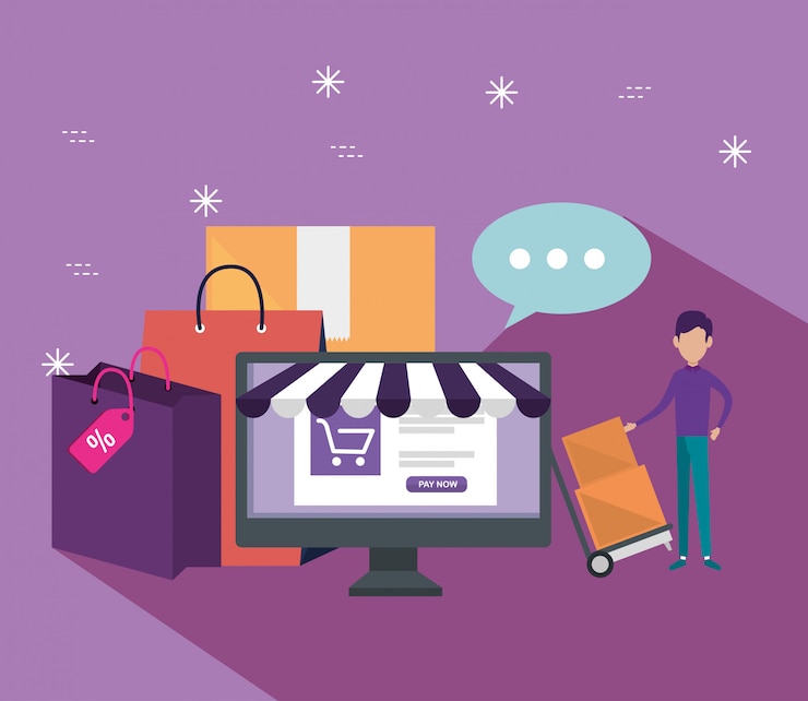 Vector gratuito compras en línea con venta de computadoras y comercio electrónico