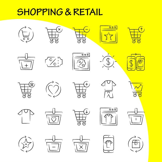 Compras Paquete de iconos dibujados a mano para diseñadores y desarrolladores Iconos de cupón Descuento Precio en dólares Precios Caja Paquete Actualizar Vector