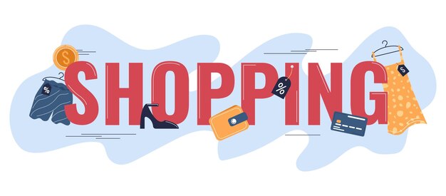 Compras personas composición de texto rodeado de iconos planos de ropa con tarjeta de billetera e ilustración de vector de moneda