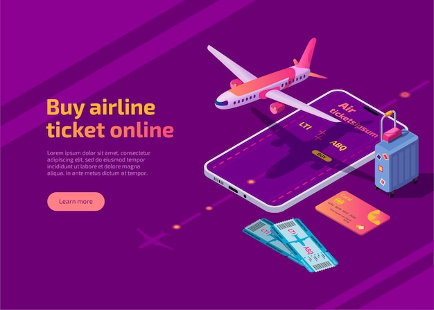 Compre boleto de avión en línea, ilustración isométrica, aplicación de viaje en avión para teléfono móvil