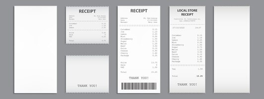 Vector gratuito compre recibos, cheques en efectivo en papel con código de barras.