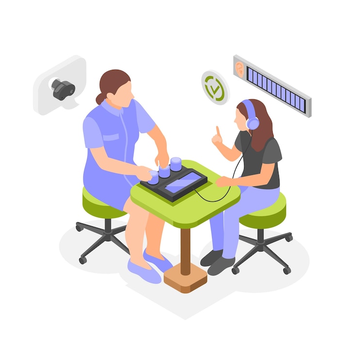Vector gratuito comprobación de audición composición isométrica con médico audiólogo en bata médica haciendo ilustración de vector de prueba de audición